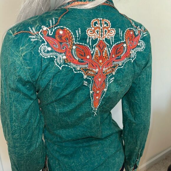ROAR Western Embroidered Rhinestone Pearl Snap Shirt Roll Tab Sleeves Sz Medium - Picture 4 of 11